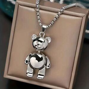 NWT Silver Teddy Bear Pendant 28”Long Chain moving parts Arms head legs Necklace